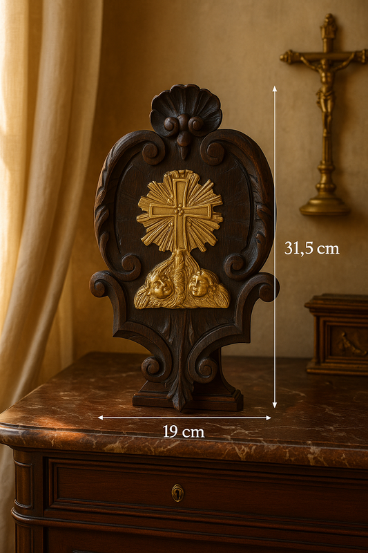 Antique French Wall religious plaque, Carved oak & gilt bronze cross with cherubs, Rococo devotional wall decor, 19th