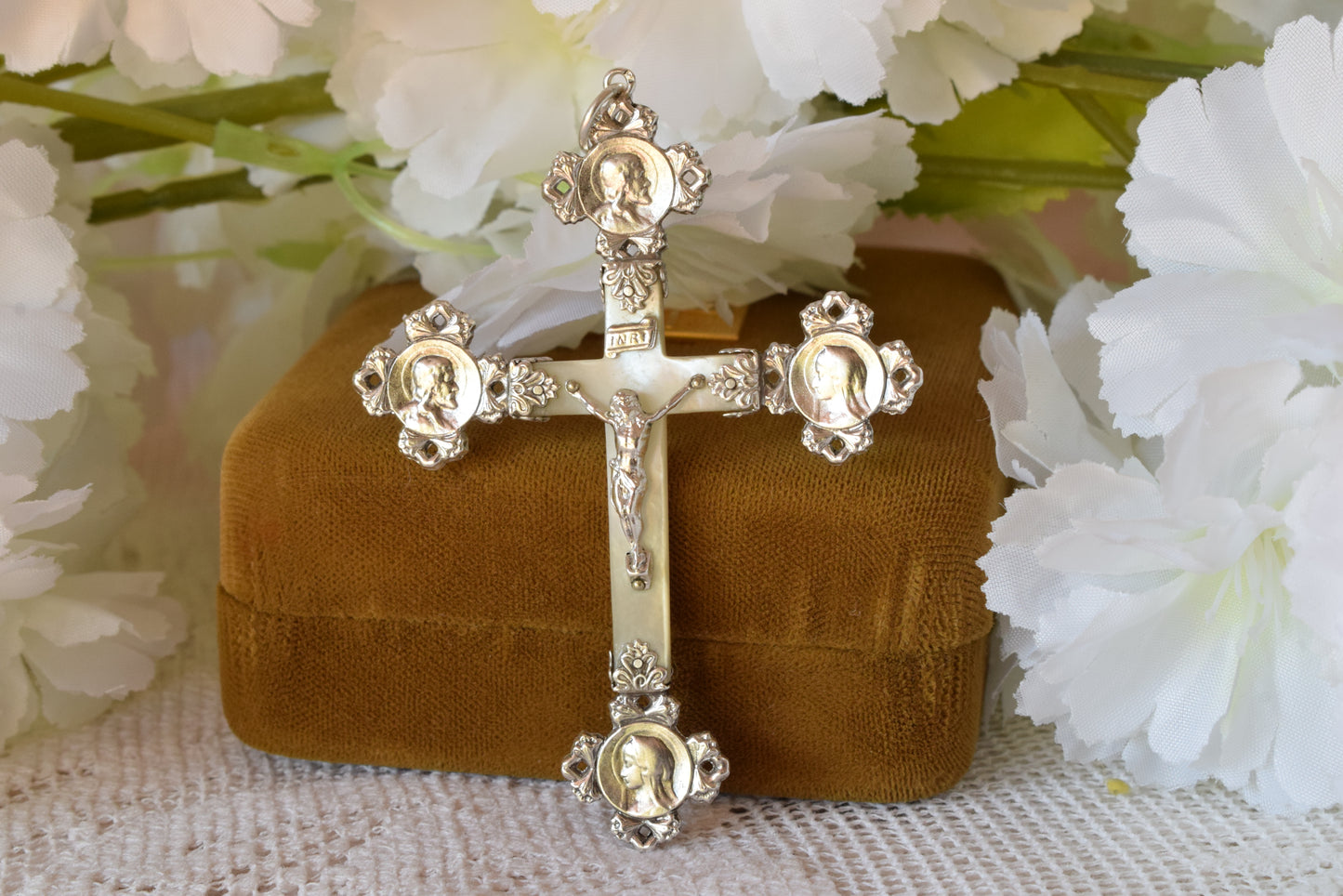 Antique French Silver Mother of Pearl Cross Pendant, Weevil "Charançon" Hallmark 800 Silver, Religious Crucifix with Christ & Virgin Mary Medallions, Belle Époque Mission Cross