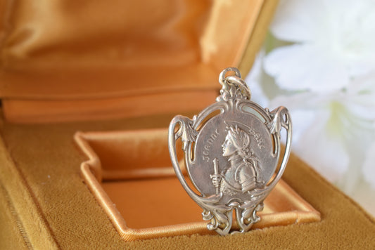 Antique Joan of Arc Medal Solid Silver 800 Art Nouveau Rare French Pendant 1900s