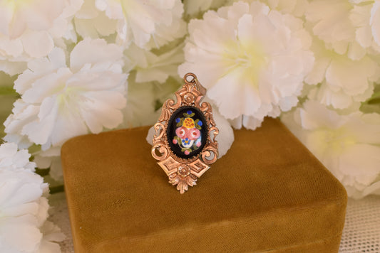 Antique Napoleon III Photo Locket Pendant Rose Gold Plated Hand-Painted Porcelain Flowers Victorian Necklace Circa 1880