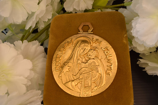 Antique Bronze Medal 24K Gold Plated Virgin And Child Signed P.Y Religious Medallion Antique Pendant Devotion Sacred Art