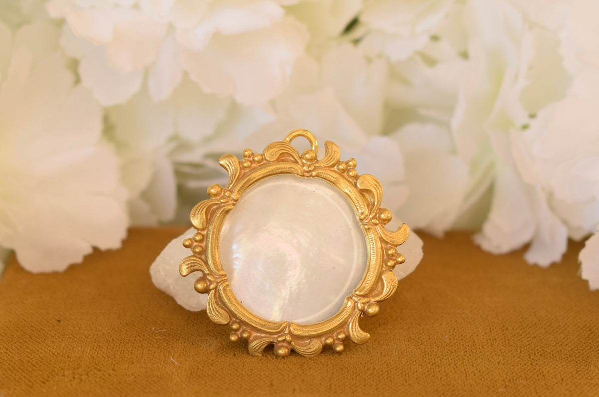 Antique ORIA Gold Filled Photo Locket – Mother of Pearl & Domed Glass – Signed French Keepsake Pendant