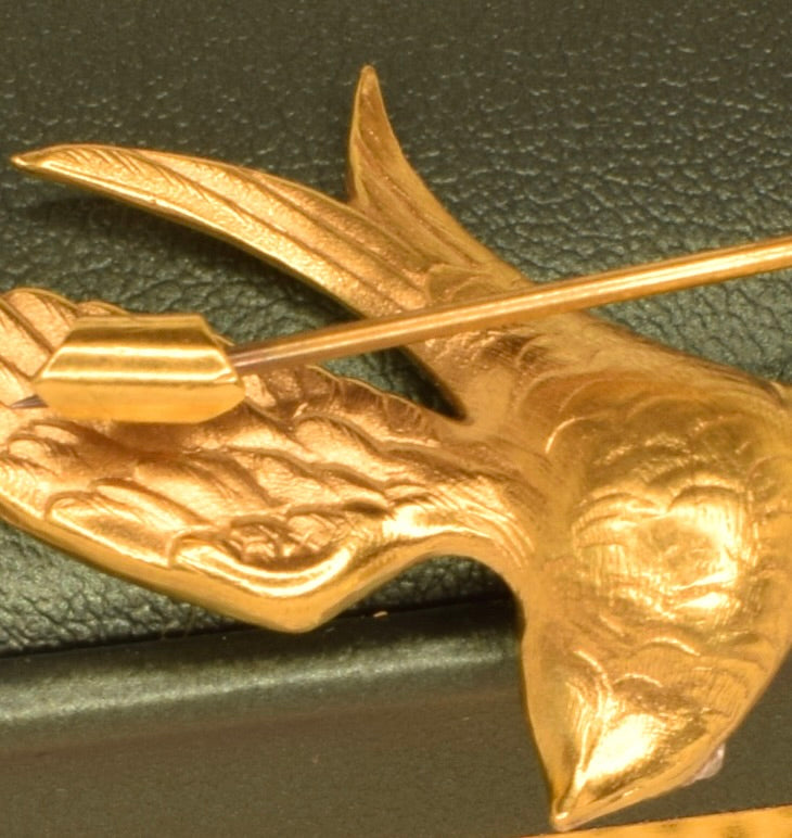 Vintage Swallow Bird Brooch, 24K Gold Plated, Rhinestone Eyes, Signed Fix, Antique French Jewelry, Bird Brooch with Spread Wings