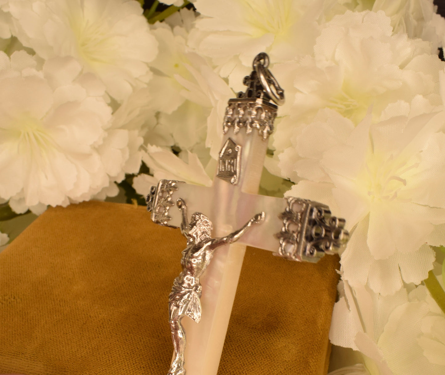 Large Antique Mother of Pearl & Solid Silver Cross Pendant, 19th Century Hallmarked French Crucifix