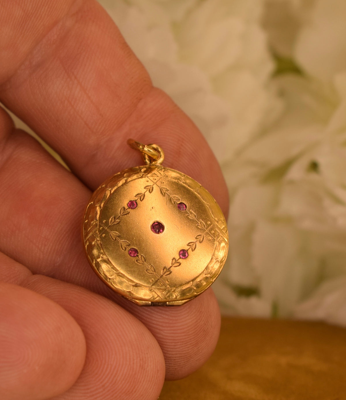 Antique Art Nouveau Photo Locket c.1900–1910 – Gold Plated – Ruby Red Stones