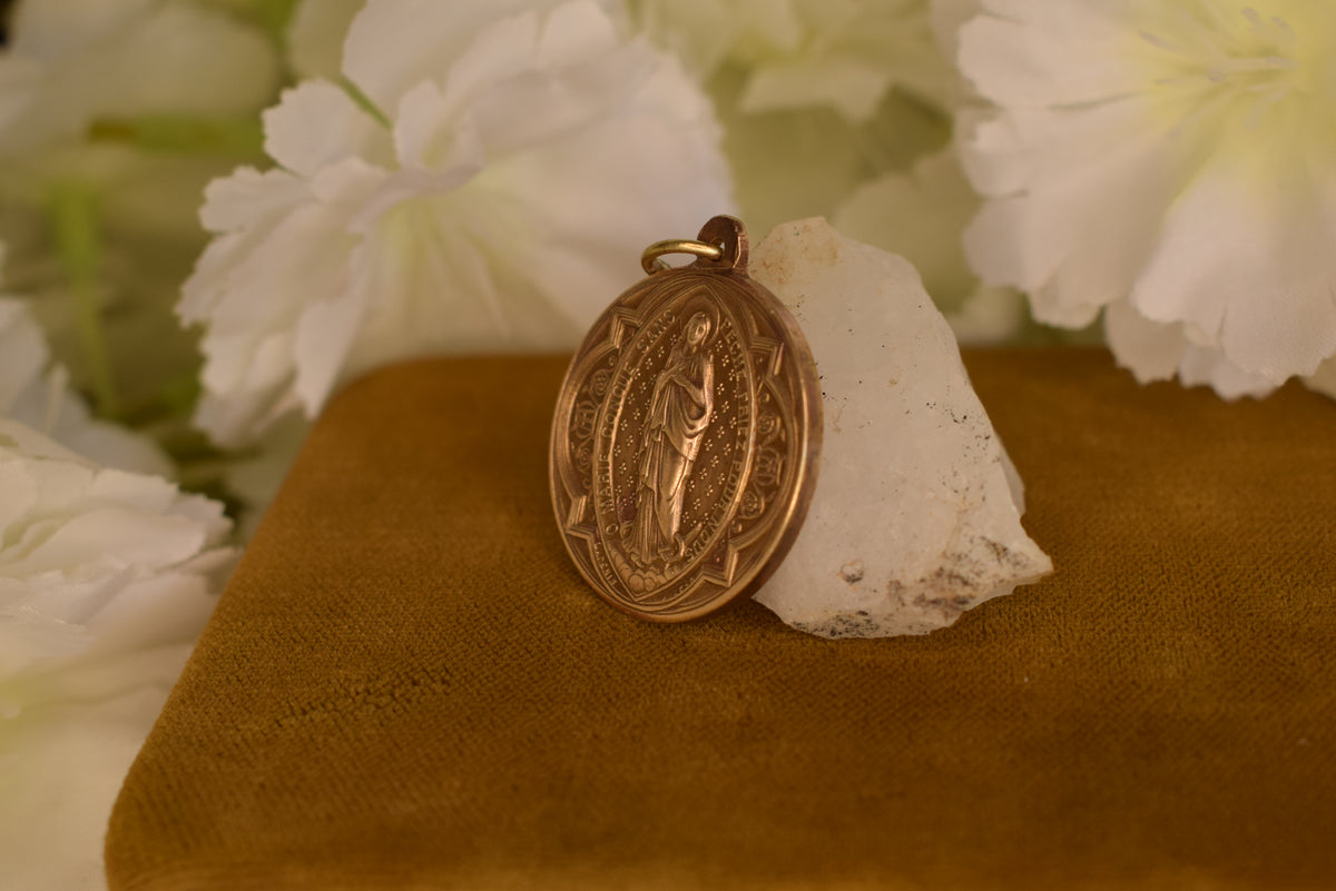 Antique Bronze Gold-Plated Medal Signed L. Penin Miraculous Virgin Mary Saint Anthony of Padua 19th Century