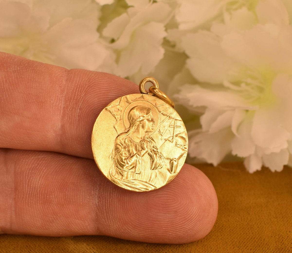Antique Saint Mary Magdalene Medal Sainte Baume – Gold Plated French Religious Medal – 23mm Catholic Pendant