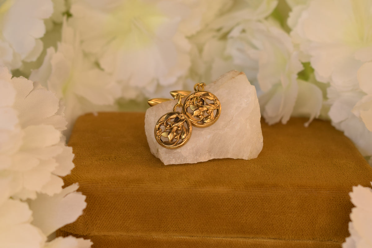 Antique Art Nouveau Cufflinks – Gold Plated – Mistletoe Design – French Cufflinks circa 1900