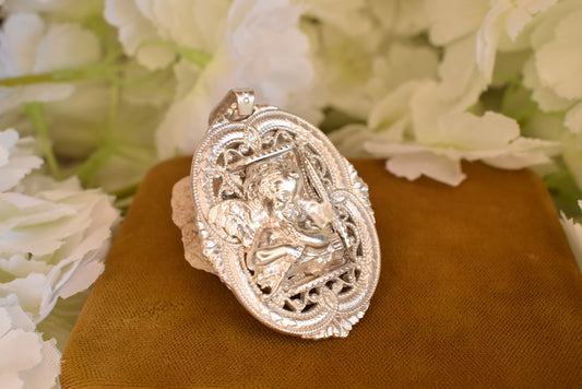 Cherub Angel Oval Medallion Pendant, Silver-Plated Metal, Openwork Filigree Baroque Renaissance Revival Style, Vintage Jewelry