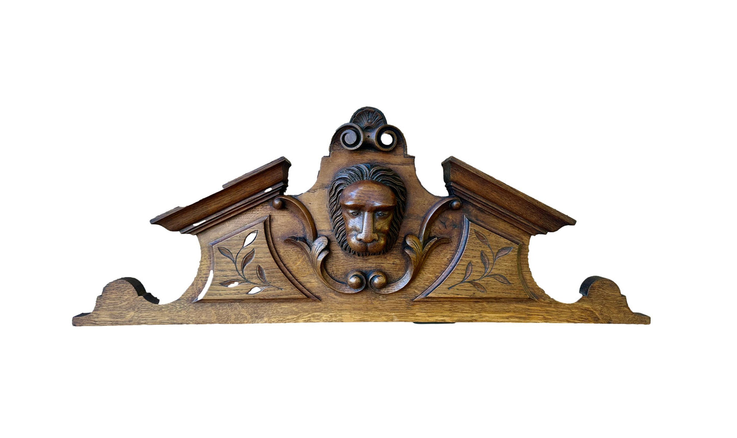 French Antique Hand Carved Oak Wood Pediment - Lion Head