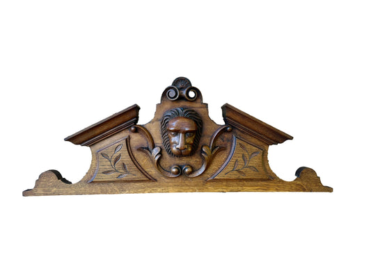 French Antique Hand Carved Oak Wood Pediment - Lion Head