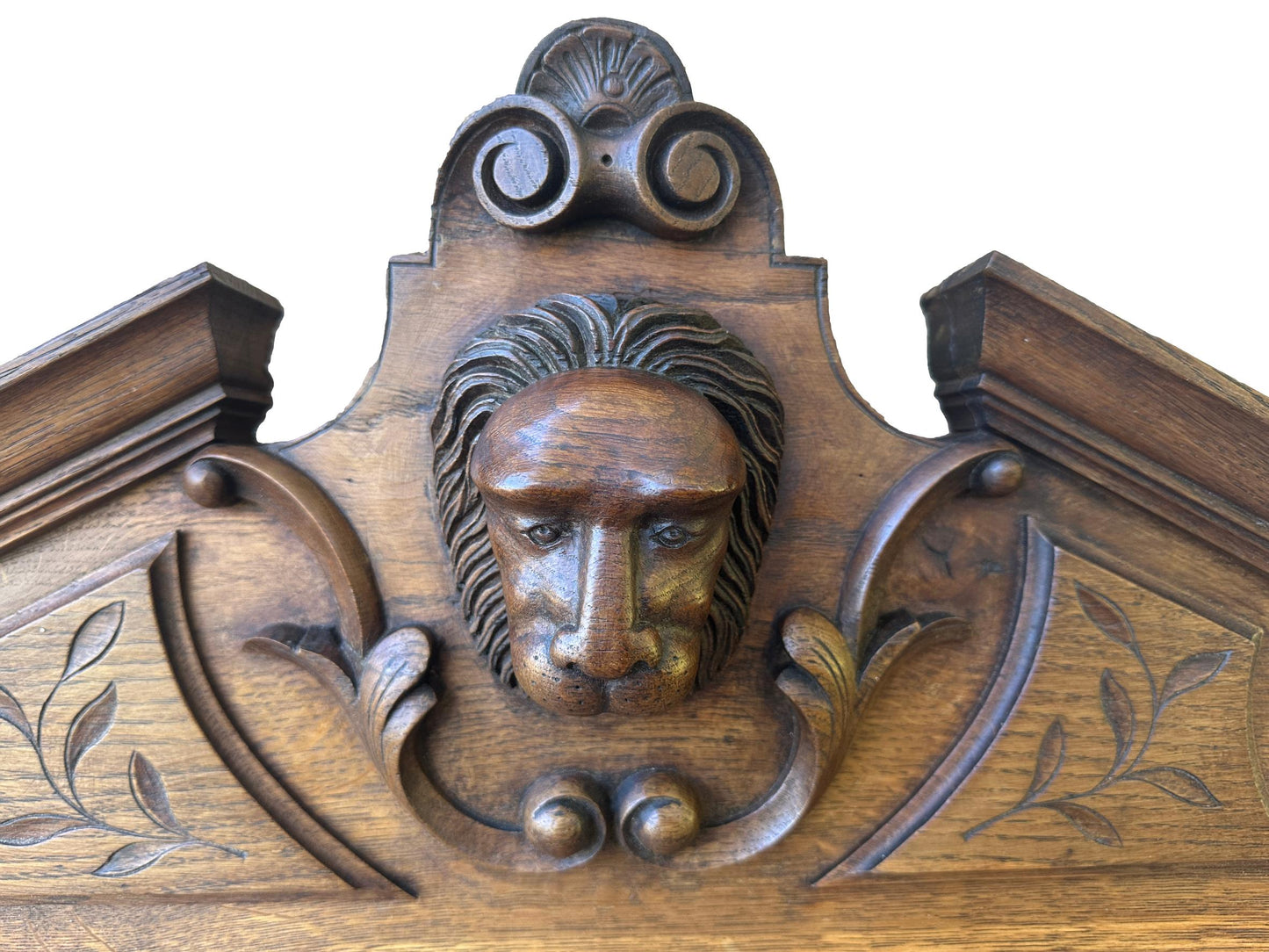 French Antique Hand Carved Oak Wood Pediment - Lion Head