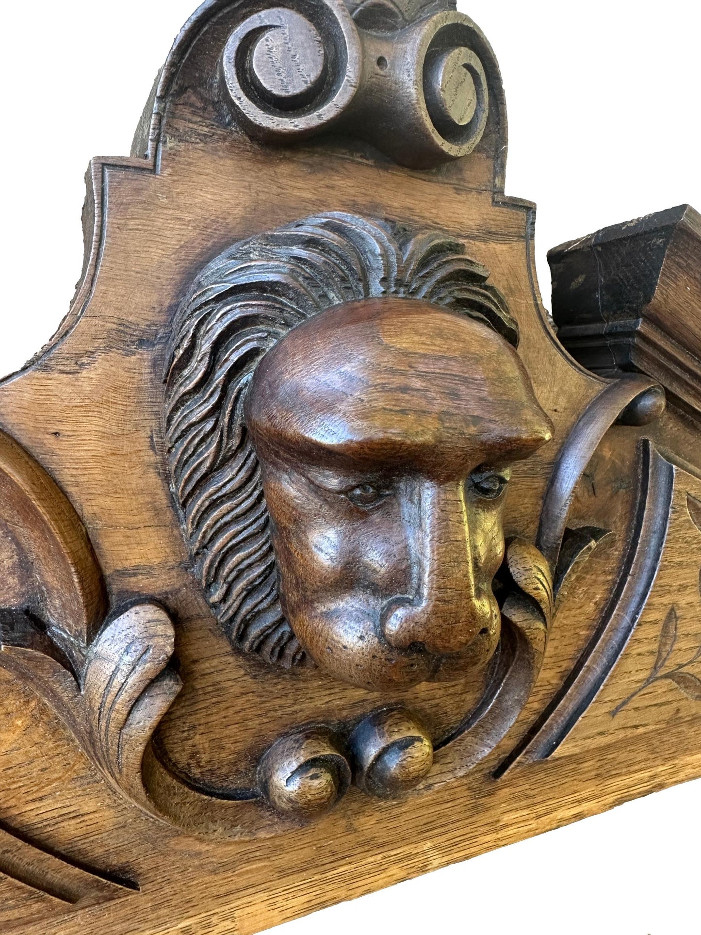French Antique Hand Carved Oak Wood Pediment - Lion Head