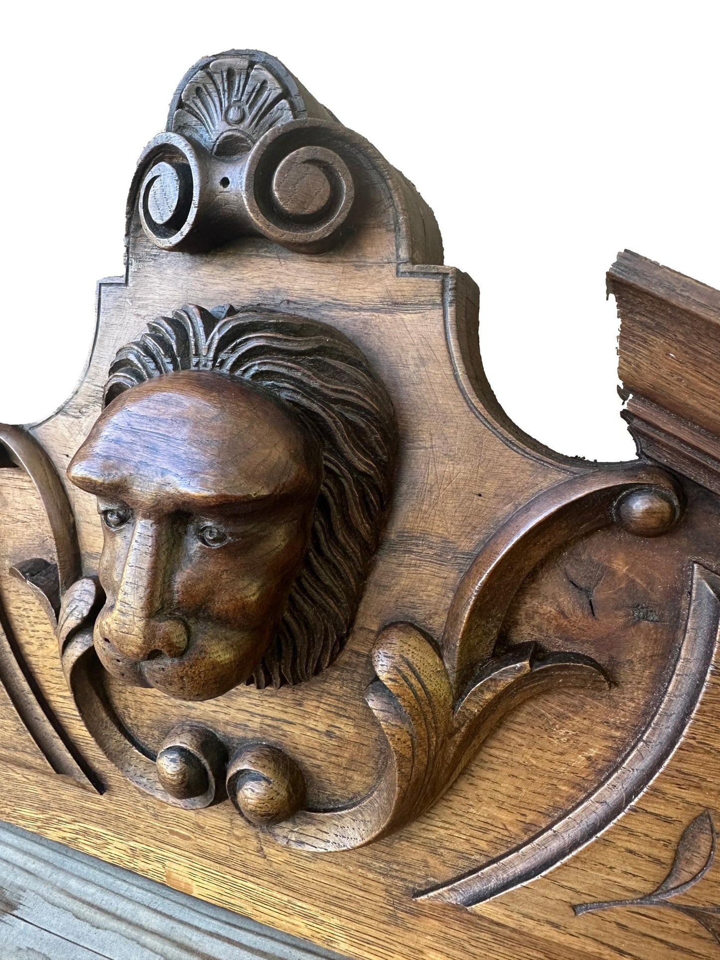 French Antique Hand Carved Oak Wood Pediment - Lion Head