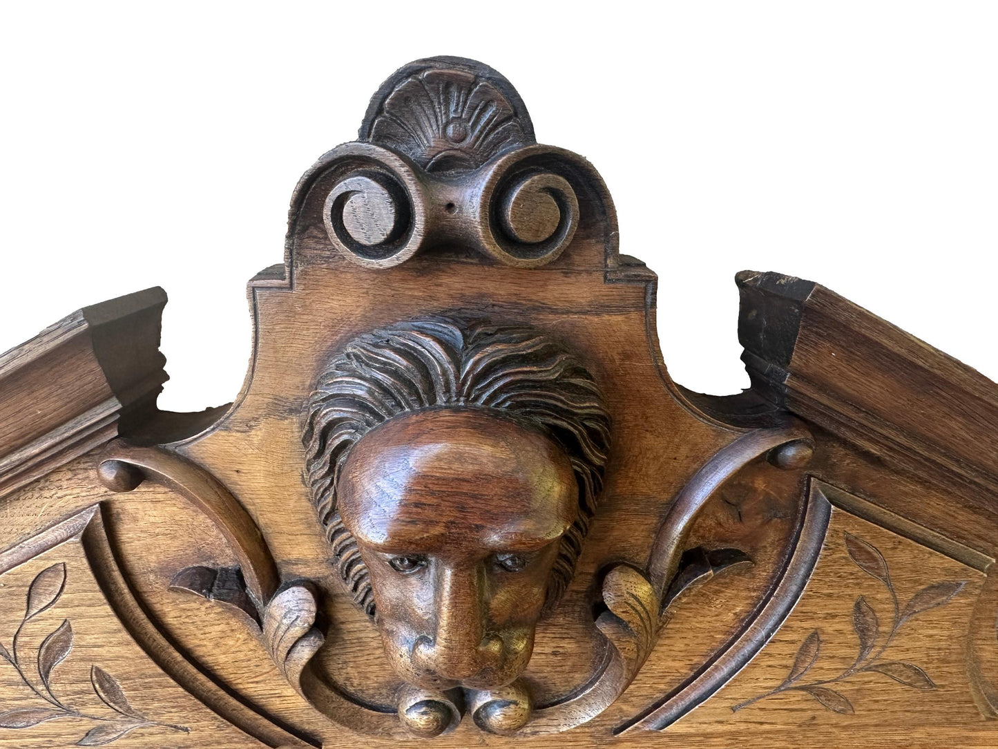 French Antique Hand Carved Oak Wood Pediment - Lion Head