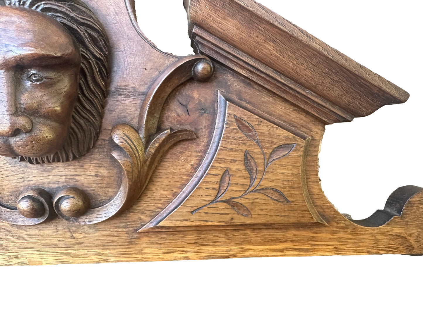 French Antique Hand Carved Oak Wood Pediment - Lion Head