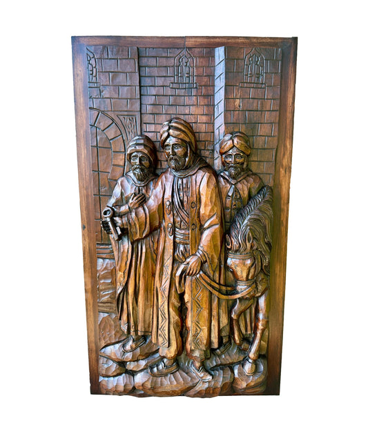 French Antique Deep Carved Wood Wall Panel of Three Orientalist Men