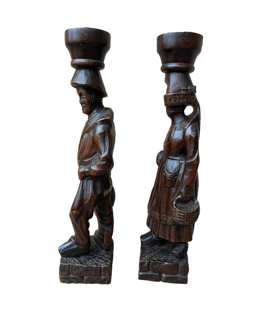 Pair of Antique French Breton Figural Wood Carving Columns, Ornement, Pilaster