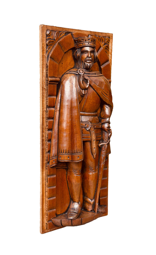 Exquisite French antique hand-carved wooden panel featuring a crowned king in Gothic style, showcasing intricate craftsmanship.