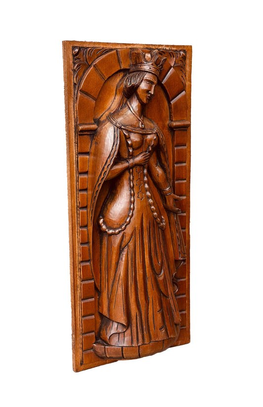Antique Hand-Carved Wooden Panel, Crowned Queen