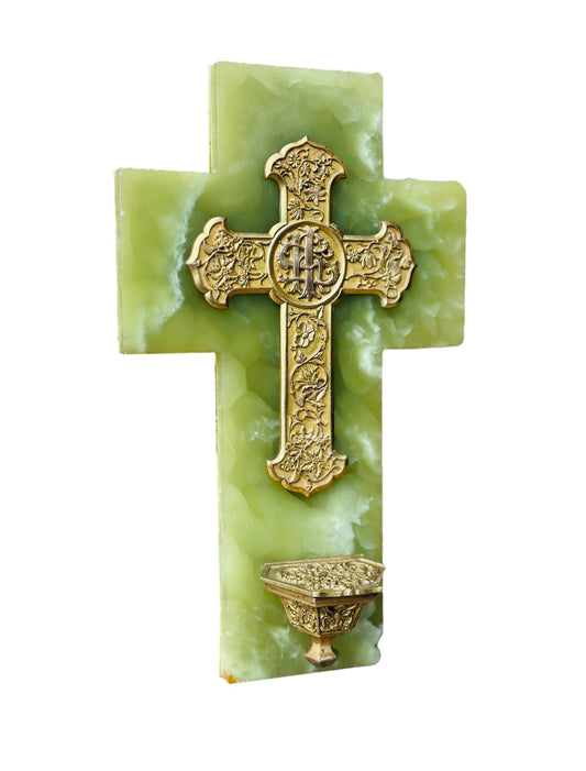 Art Nouveau French green onyx holy water font, featuring elegant, flowing design and intricate craftsmanship, perfect for adding a touch of vintage charm to your religious decor.