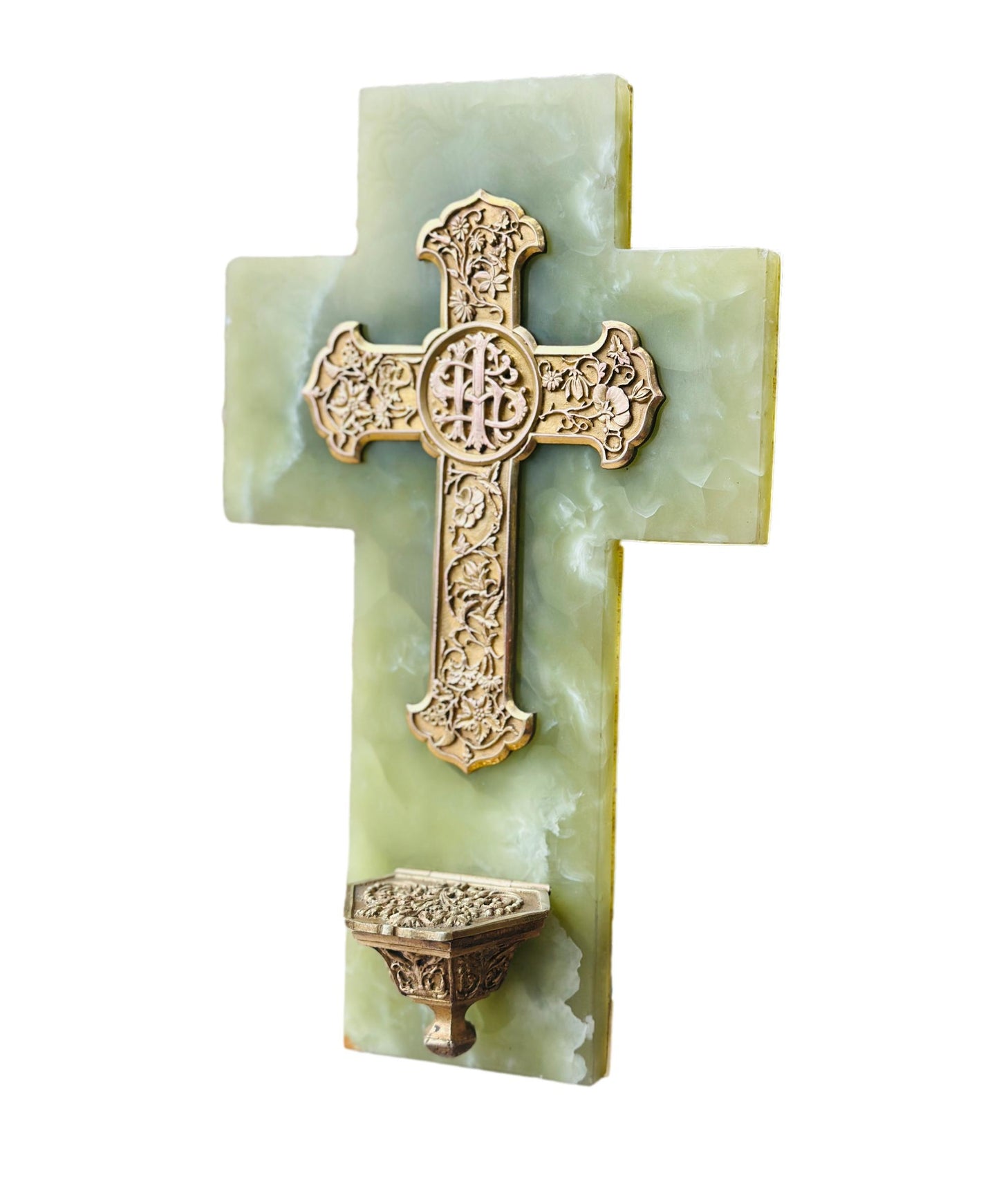 Art Nouveau French green onyx holy water font, featuring elegant, flowing design and intricate craftsmanship, perfect for adding a touch of vintage charm to your religious decor.