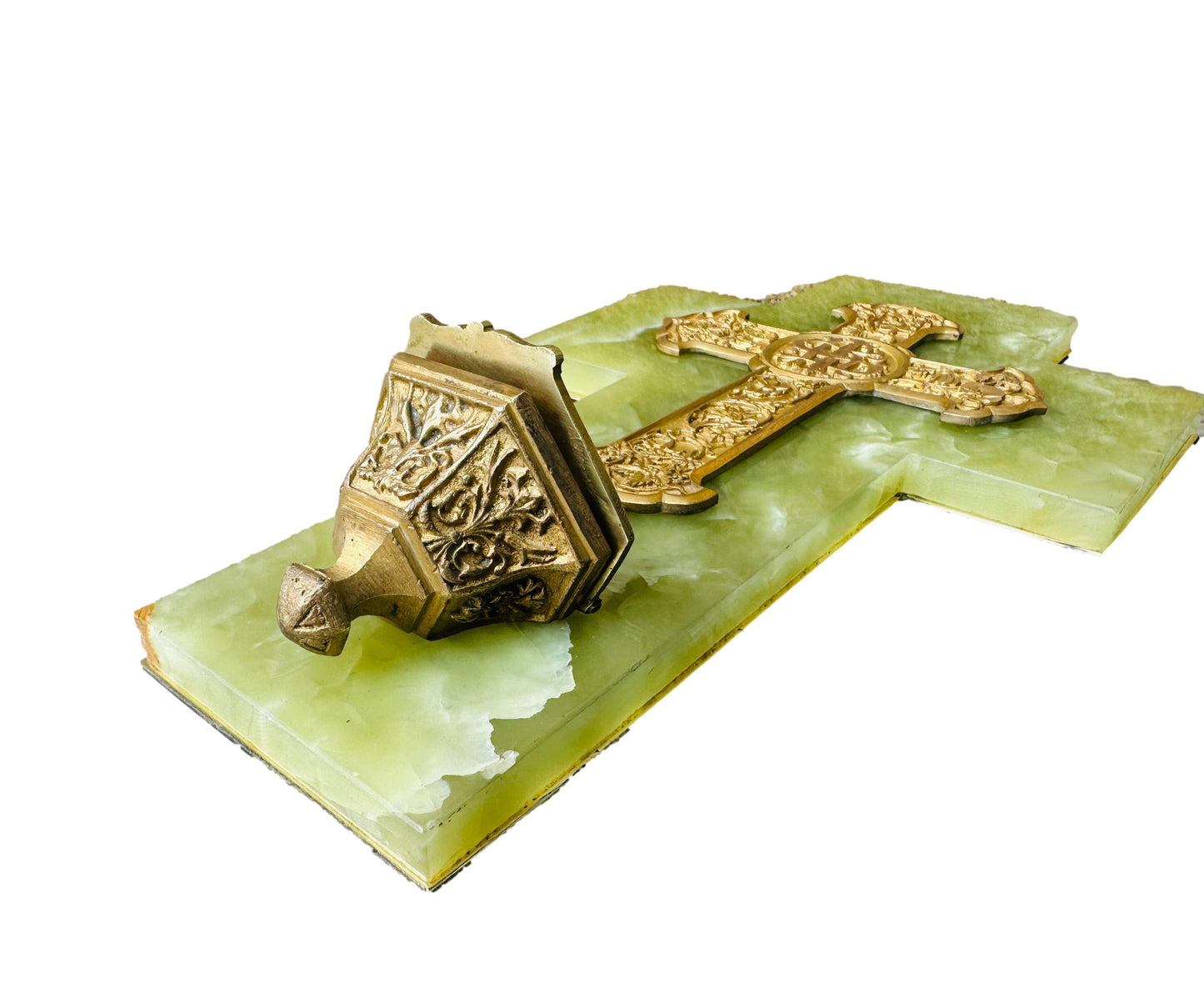Art Nouveau French green onyx holy water font, featuring elegant, flowing design and intricate craftsmanship, perfect for adding a touch of vintage charm to your religious decor.