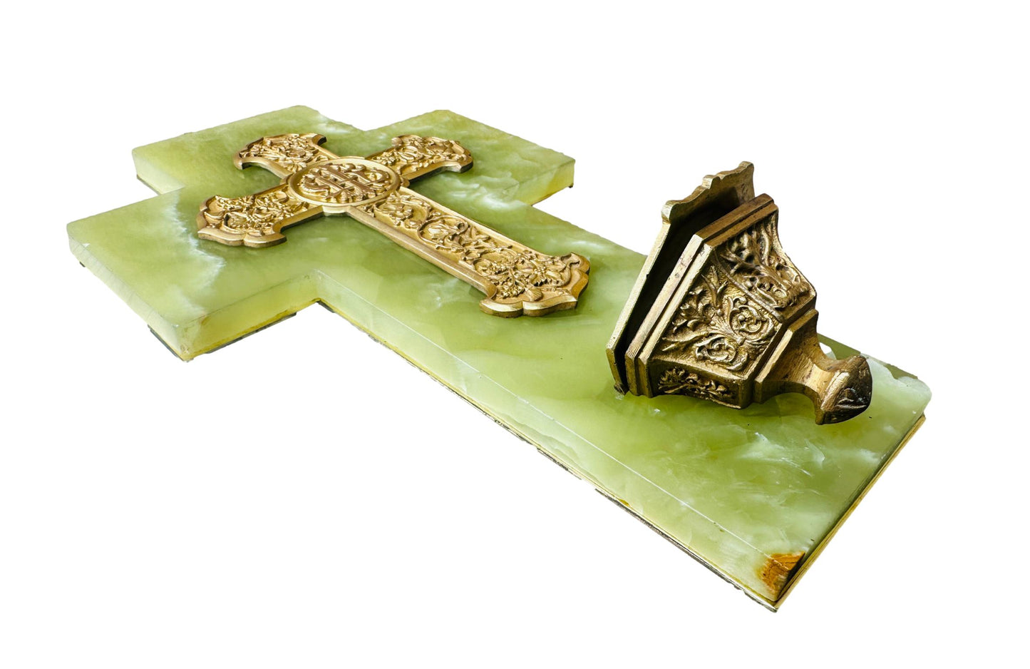 Art Nouveau French green onyx holy water font, featuring elegant, flowing design and intricate craftsmanship, perfect for adding a touch of vintage charm to your religious decor.