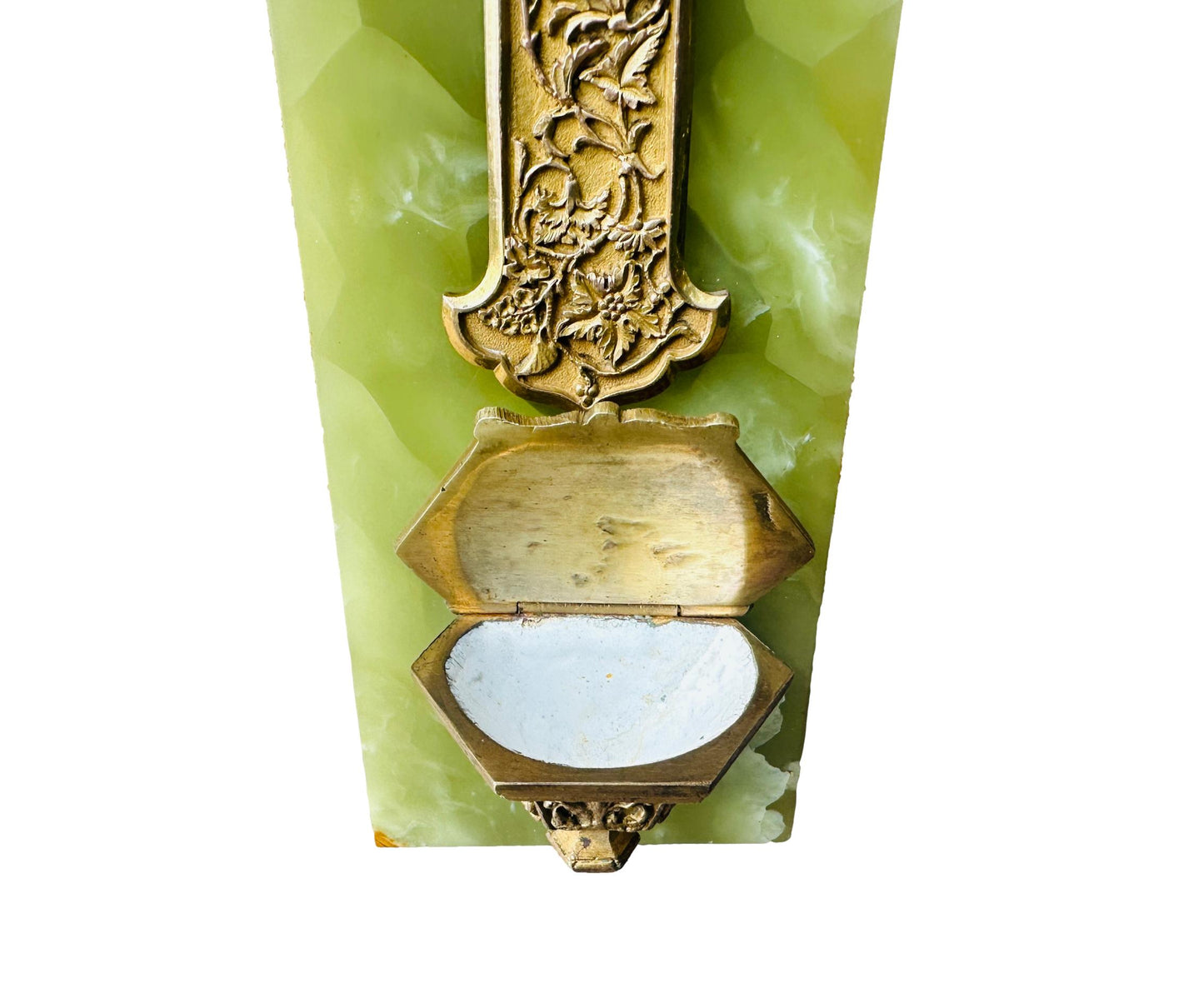 Art Nouveau French green onyx holy water font, featuring elegant, flowing design and intricate craftsmanship, perfect for adding a touch of vintage charm to your religious decor.