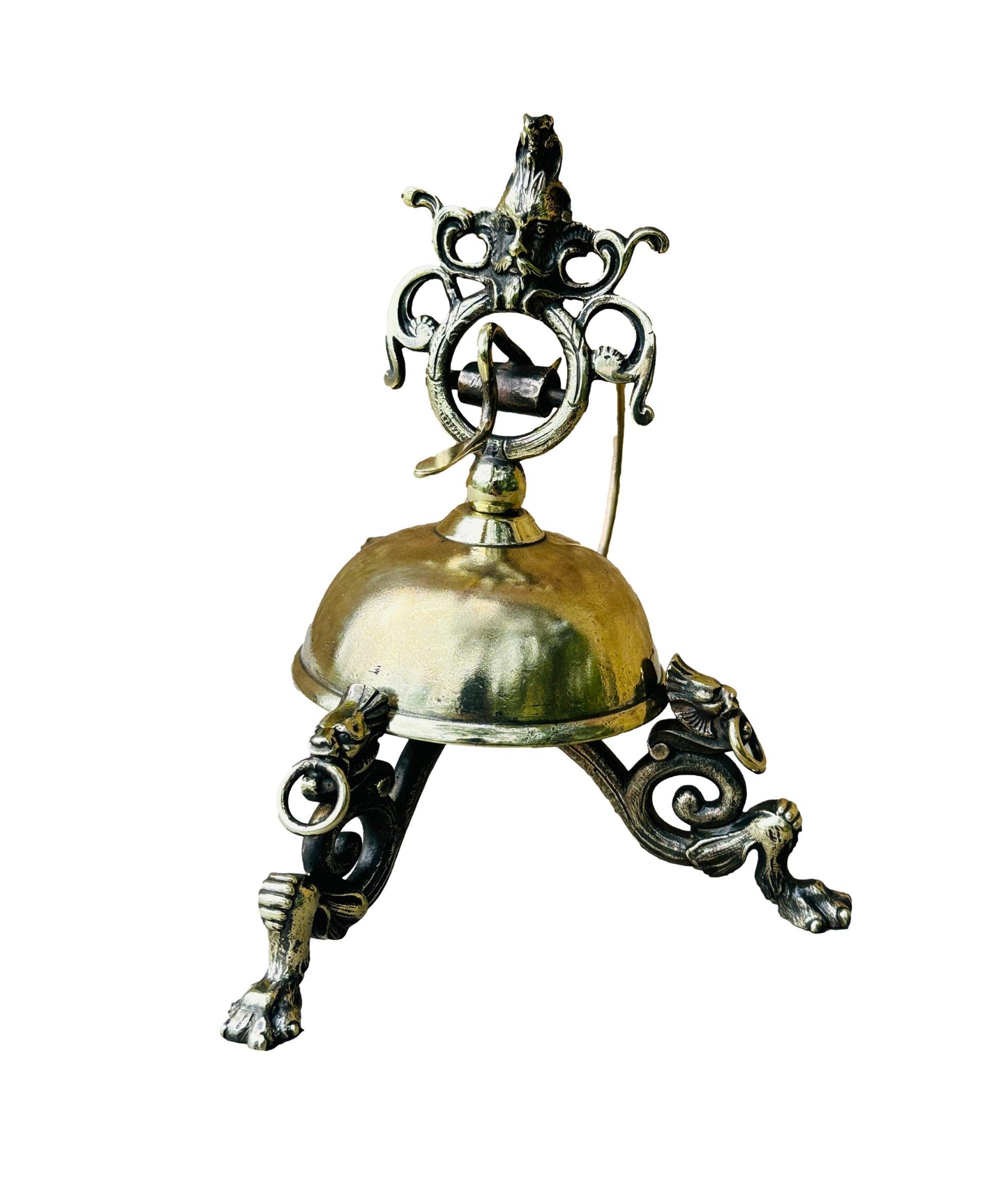 Antique French bronze table bell featuring a detailed mascaron design. Exquisite craftsmanship and vintage charm, perfect for adding a unique touch to your home decor.