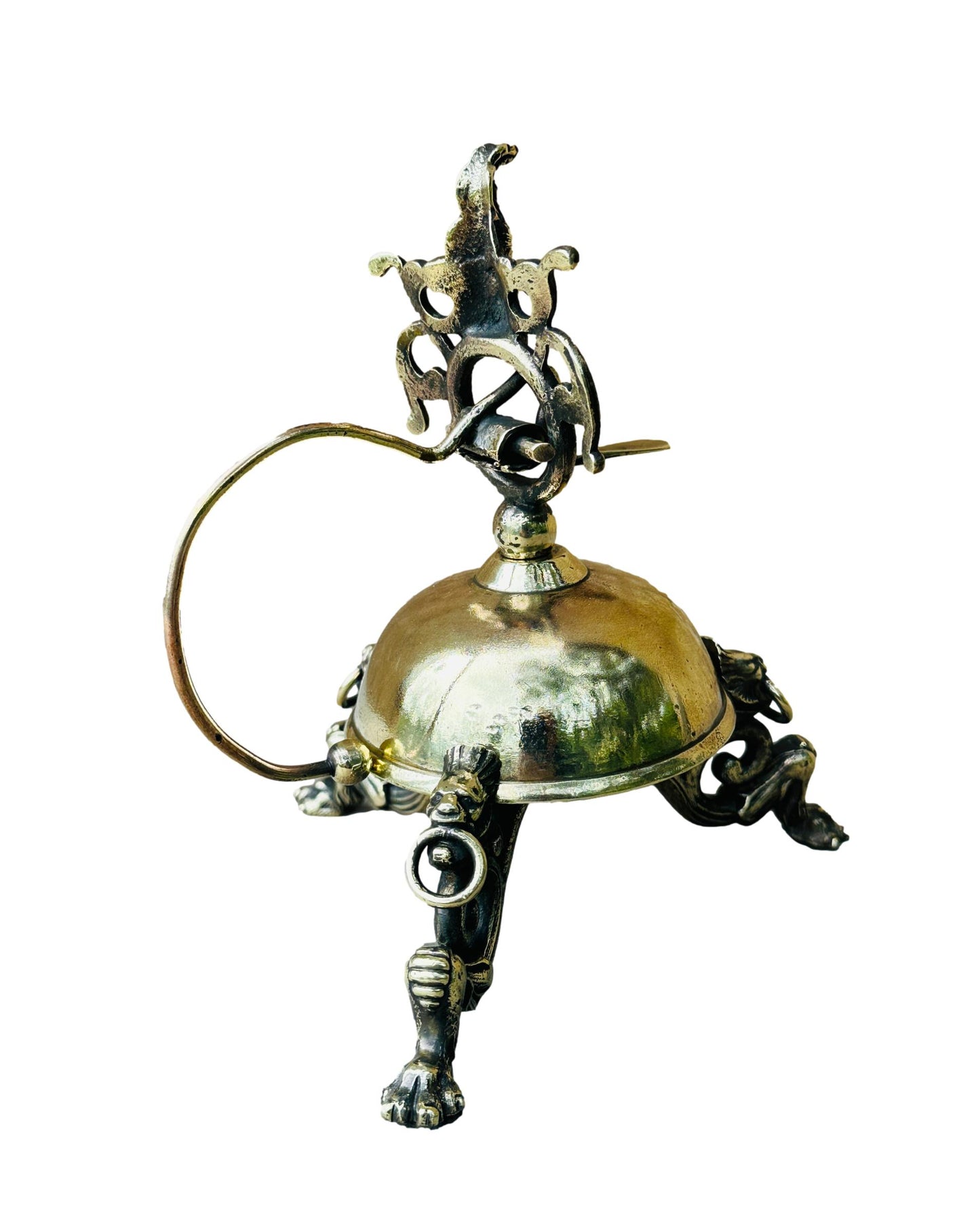 Antique French bronze table bell featuring a detailed mascaron design. Exquisite craftsmanship and vintage charm, perfect for adding a unique touch to your home decor.