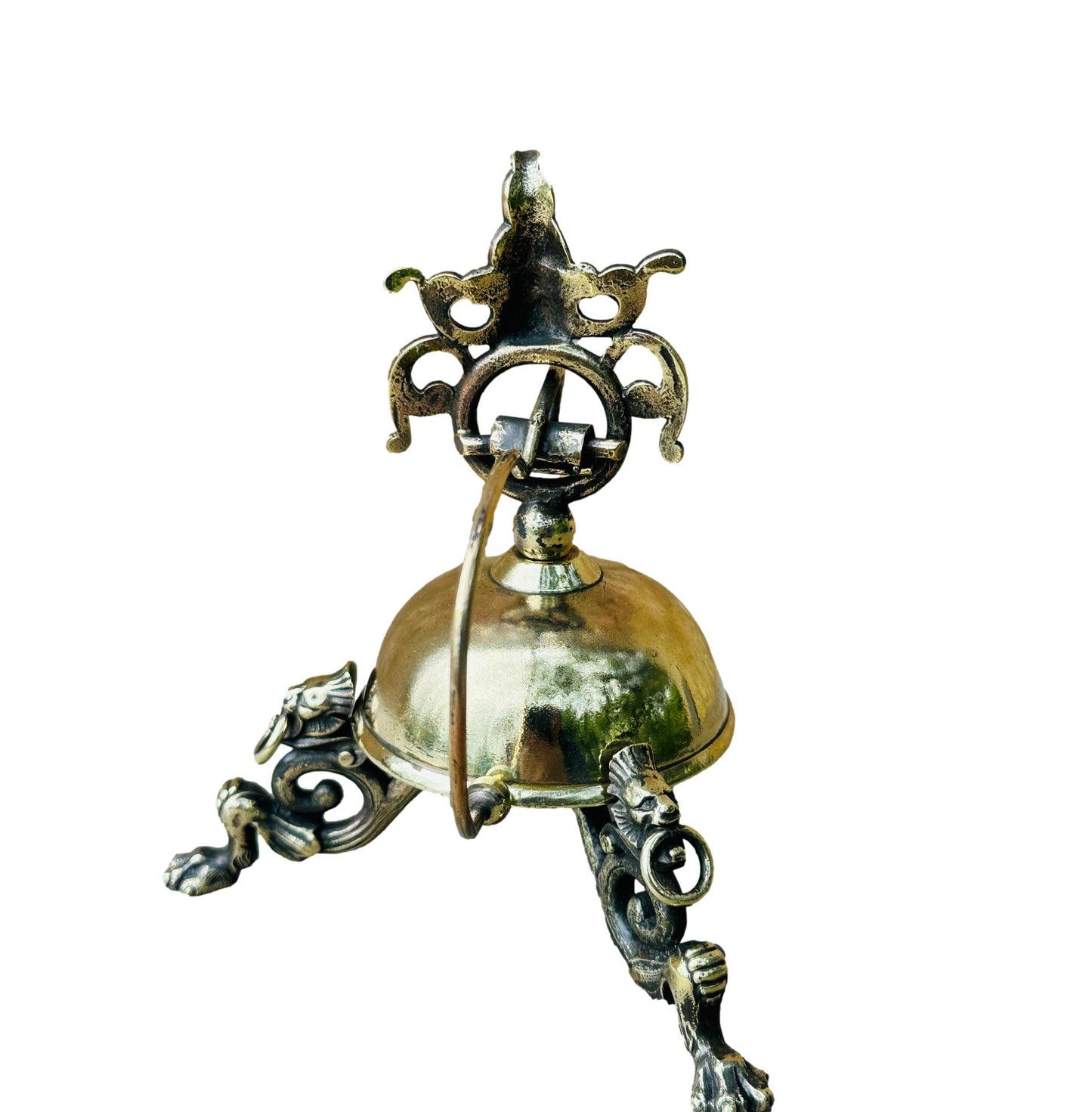 Antique French bronze table bell featuring a detailed mascaron design. Exquisite craftsmanship and vintage charm, perfect for adding a unique touch to your home decor.