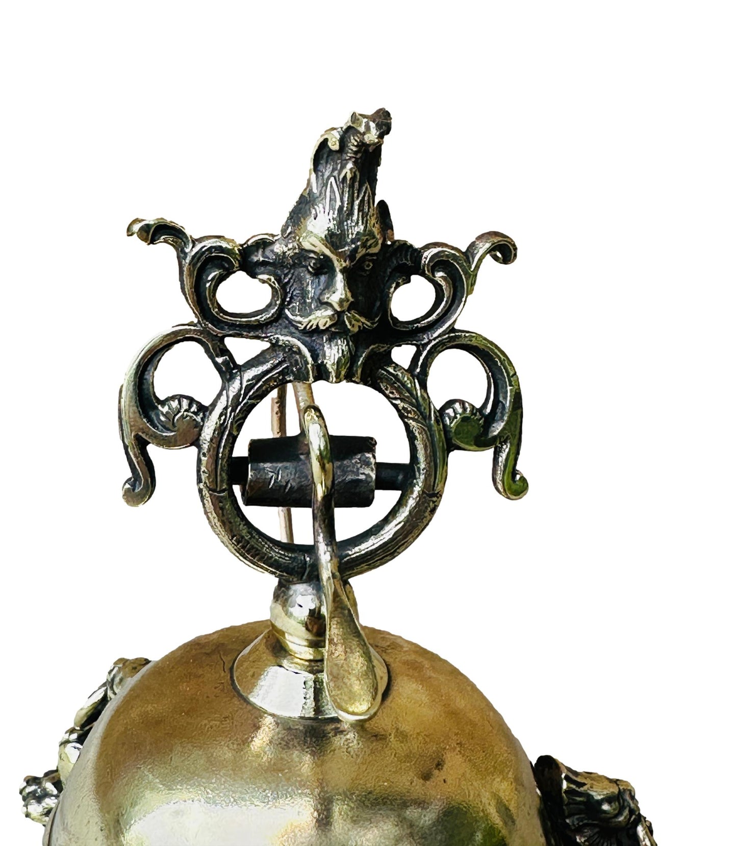 Antique French bronze table bell featuring a detailed mascaron design. Exquisite craftsmanship and vintage charm, perfect for adding a unique touch to your home decor.