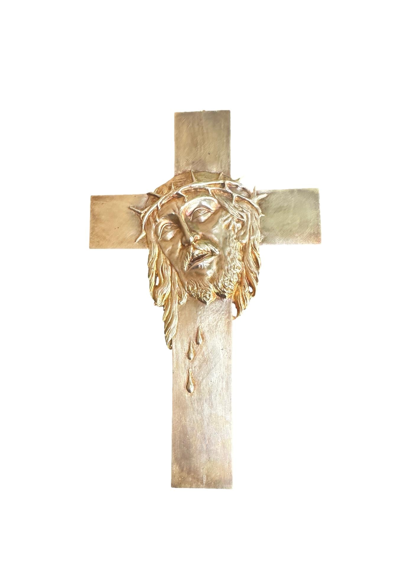 Antique bronze religious crucifix, XIXᵉ century period, liturgical object for vintage decoration or Christian gift.
