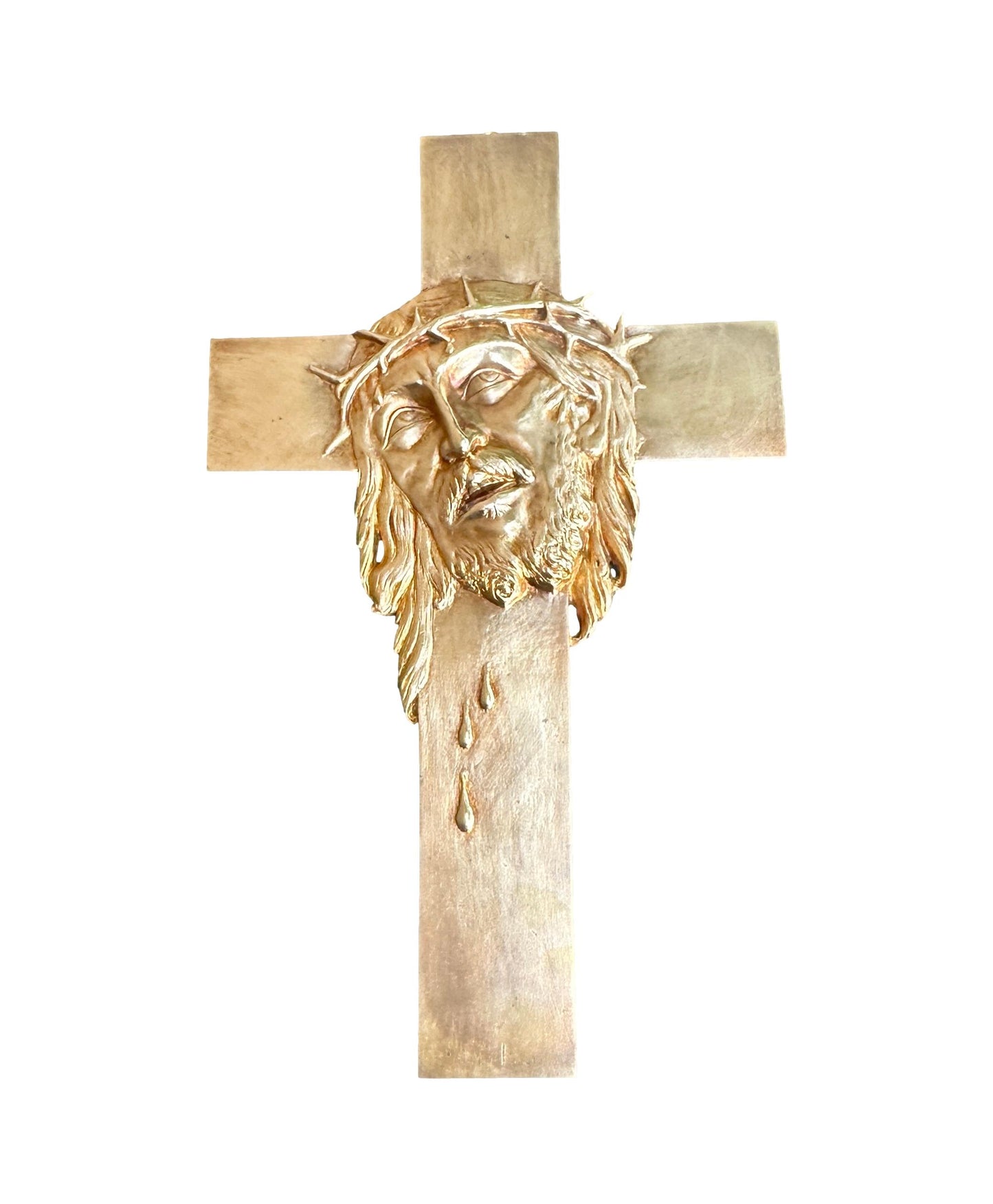 Antique bronze religious crucifix, XIXᵉ century period, liturgical object for vintage decoration or Christian gift.