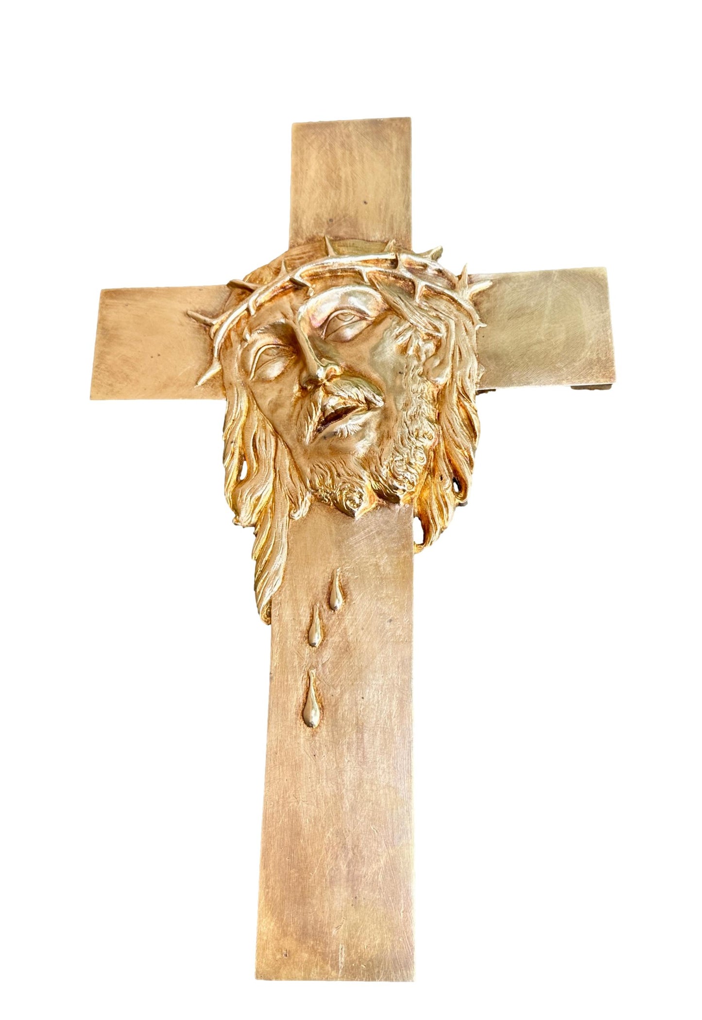 Antique bronze religious crucifix, XIXᵉ century period, liturgical object for vintage decoration or Christian gift.