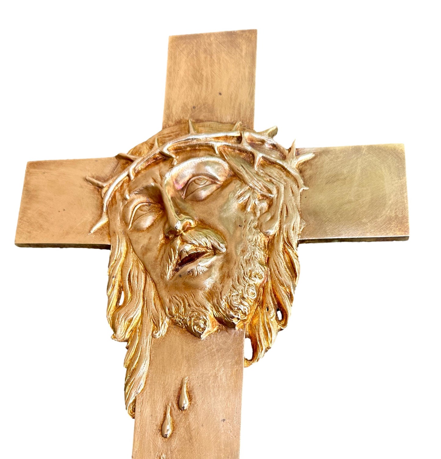 Antique bronze religious crucifix, XIXᵉ century period, liturgical object for vintage decoration or Christian gift.