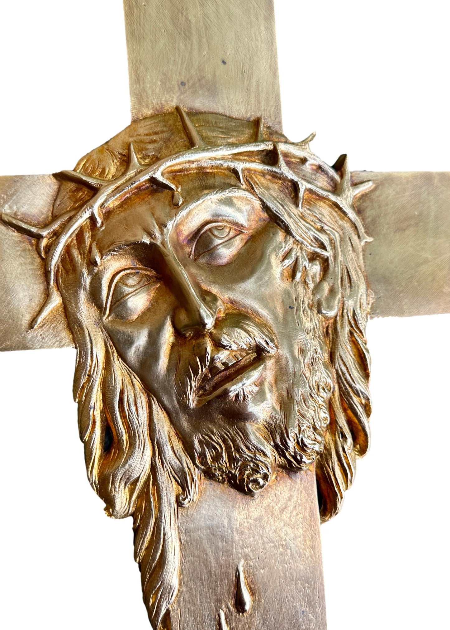 Antique bronze religious crucifix, XIXᵉ century period, liturgical object for vintage decoration or Christian gift.