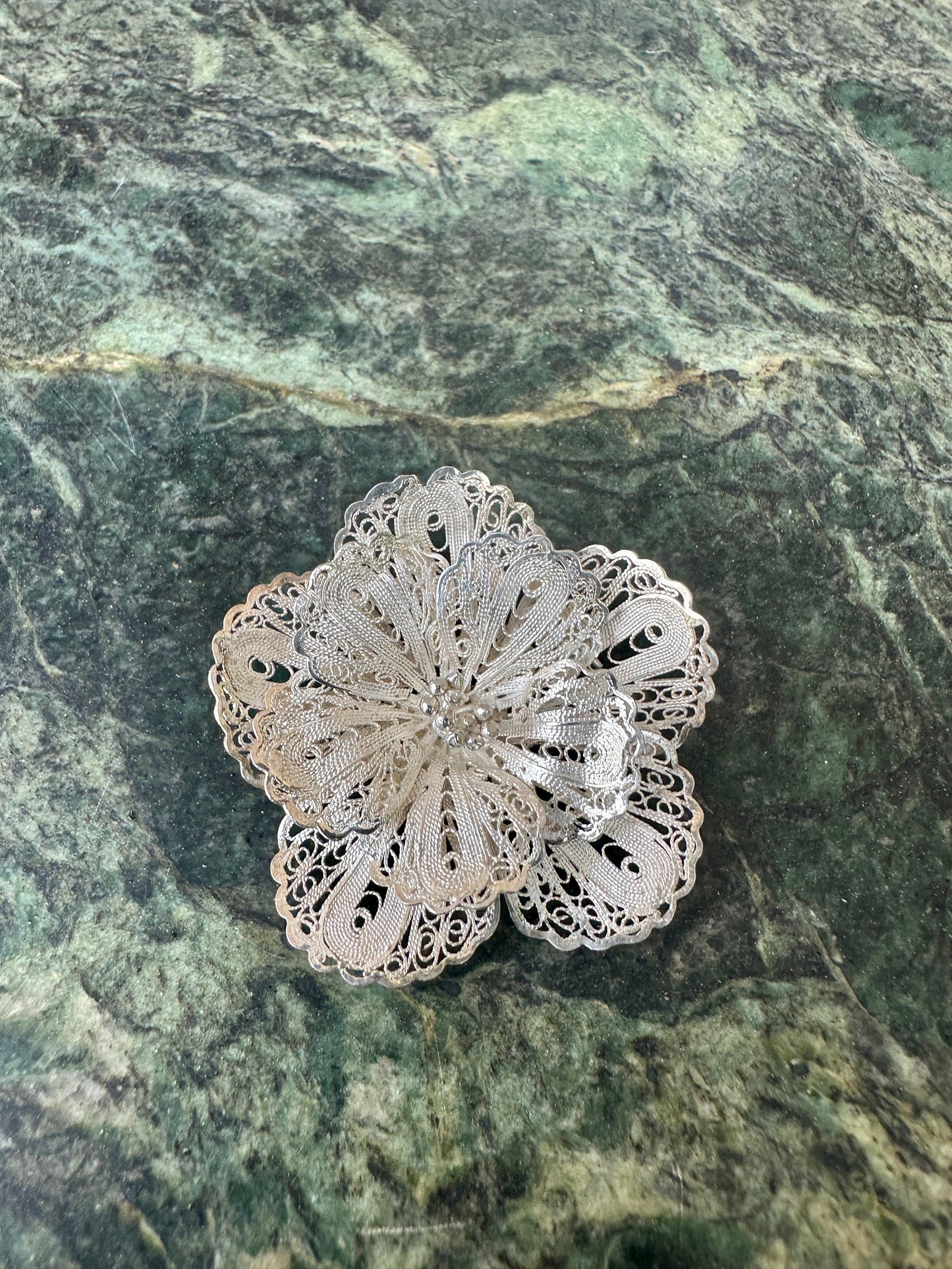 French Vintage Filigree Sterling Silver Flower Brooch