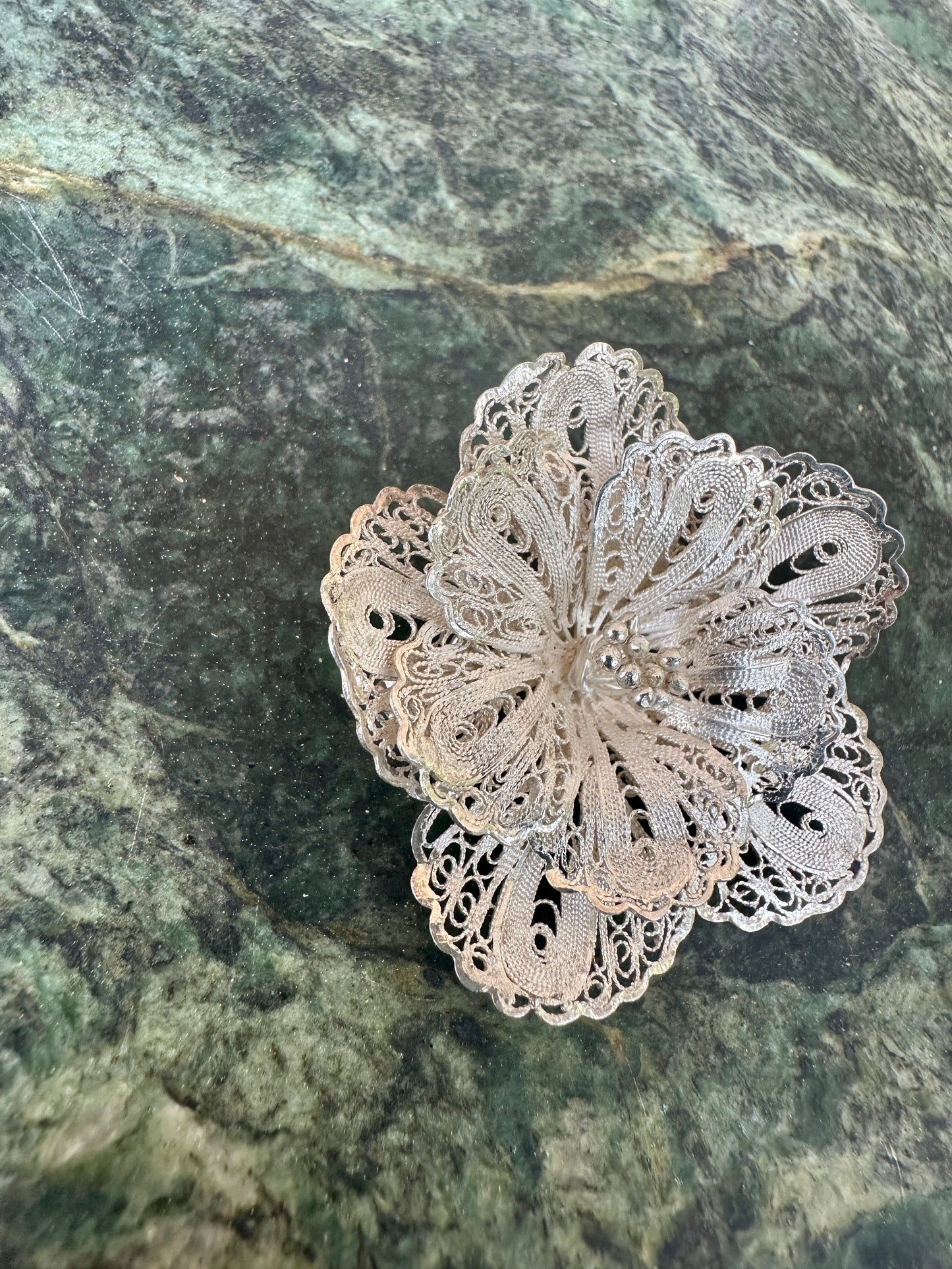French Vintage Filigree Sterling Silver Flower Brooch