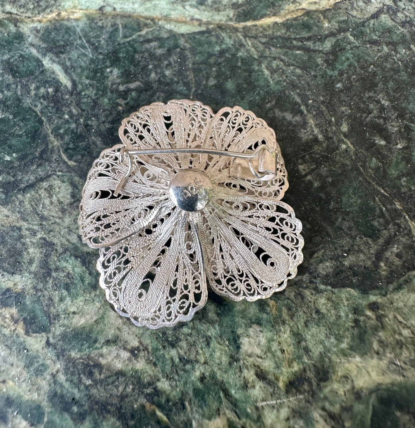 French Vintage Filigree Sterling Silver Flower Brooch