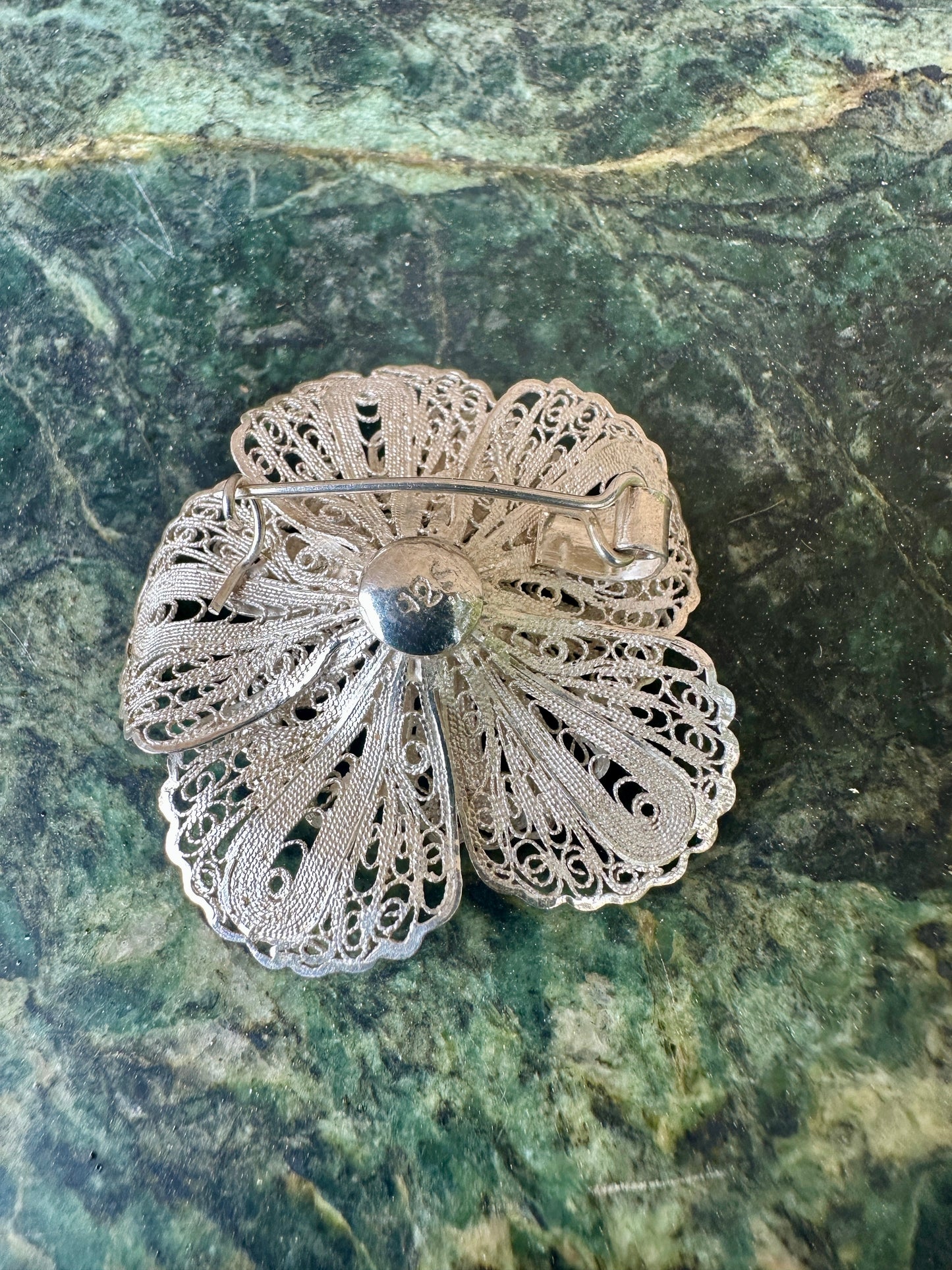 French Vintage Filigree Sterling Silver Flower Brooch