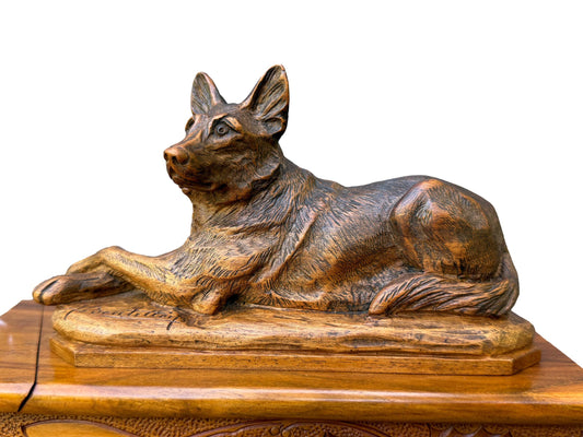 Antique French walnut card box with German Shepherd dog sculpture by A. Boutillon – 20th century