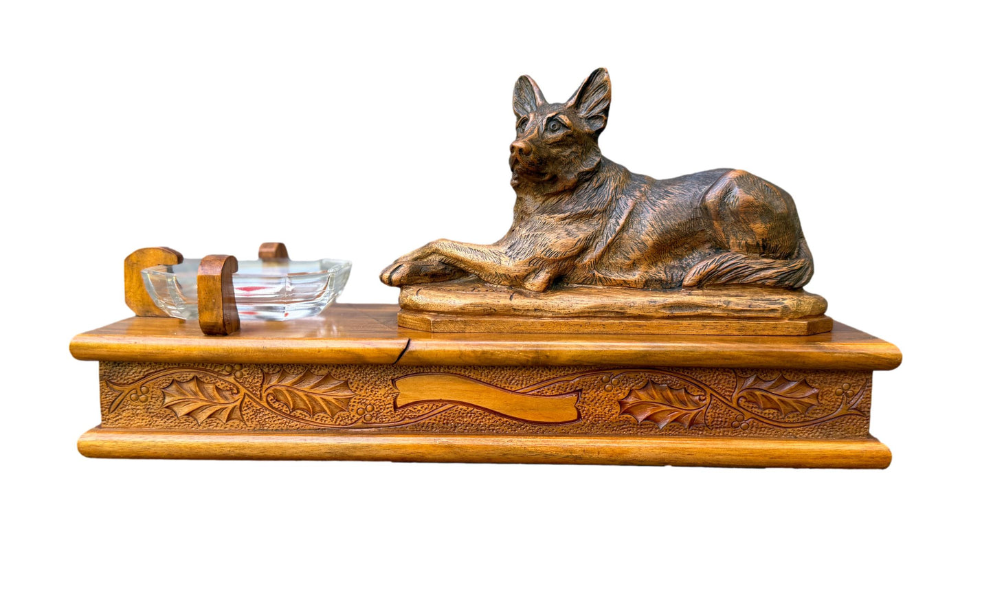Antique French walnut card box with German Shepherd dog sculpture by A. Boutillon – 20th century