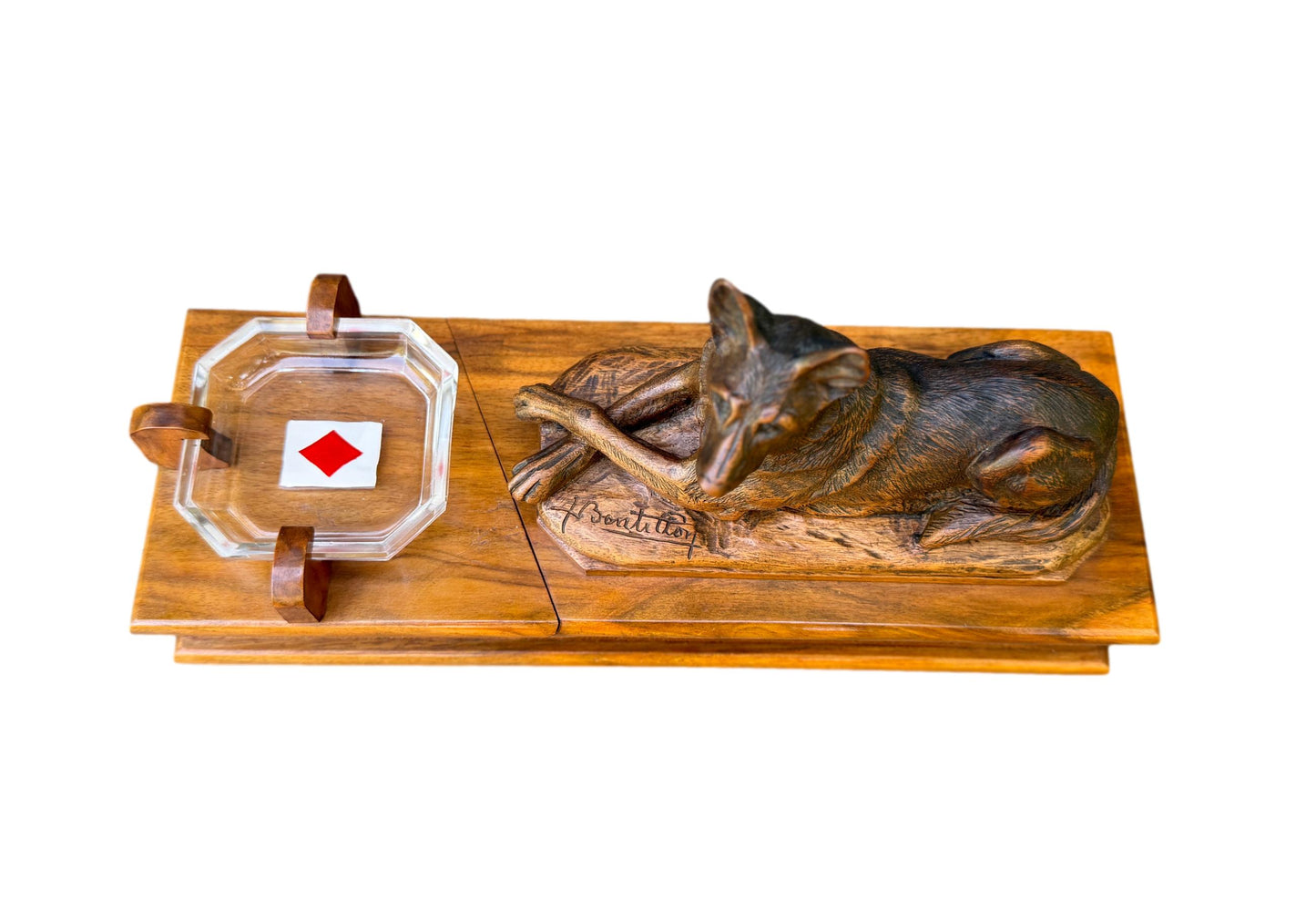 Antique French walnut card box with German Shepherd dog sculpture by A. Boutillon – 20th century