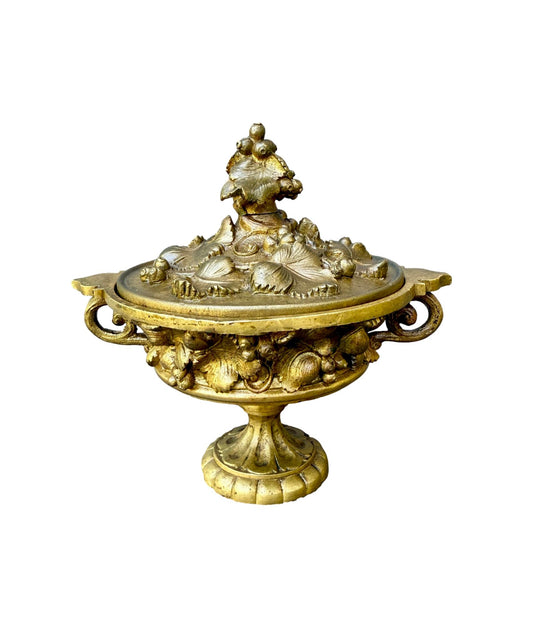 Antique 19th Century bronze cassolette covered dish with ornate raised fruit and flower garland relief—perfect decorative accent