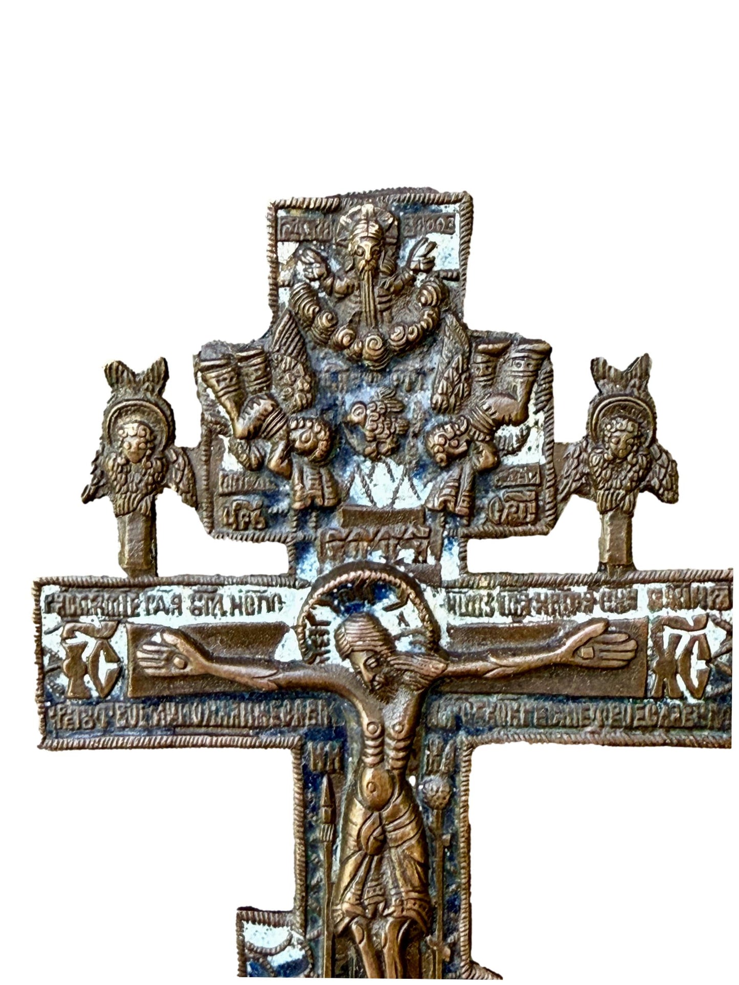 Antique Russian Orthodox bronze enamel crucifix with Christ and angels – 18th–19th century devotional art