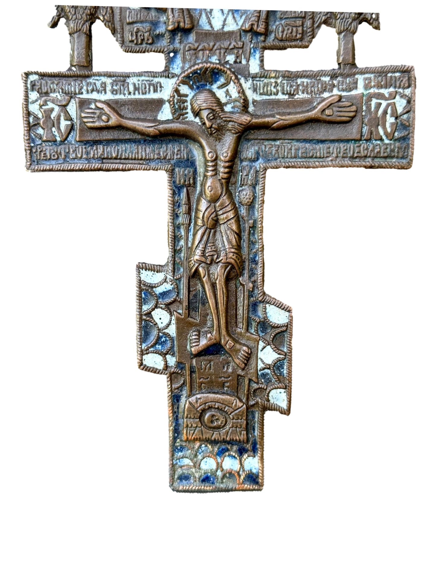 Antique Russian Orthodox Bronze Crucifix – 18th–19th Century Enamel Cross