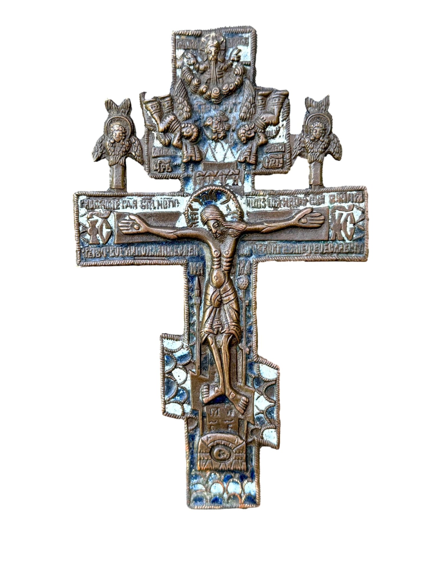 Antique Russian Orthodox Bronze Crucifix – 18th–19th Century Enamel Cross