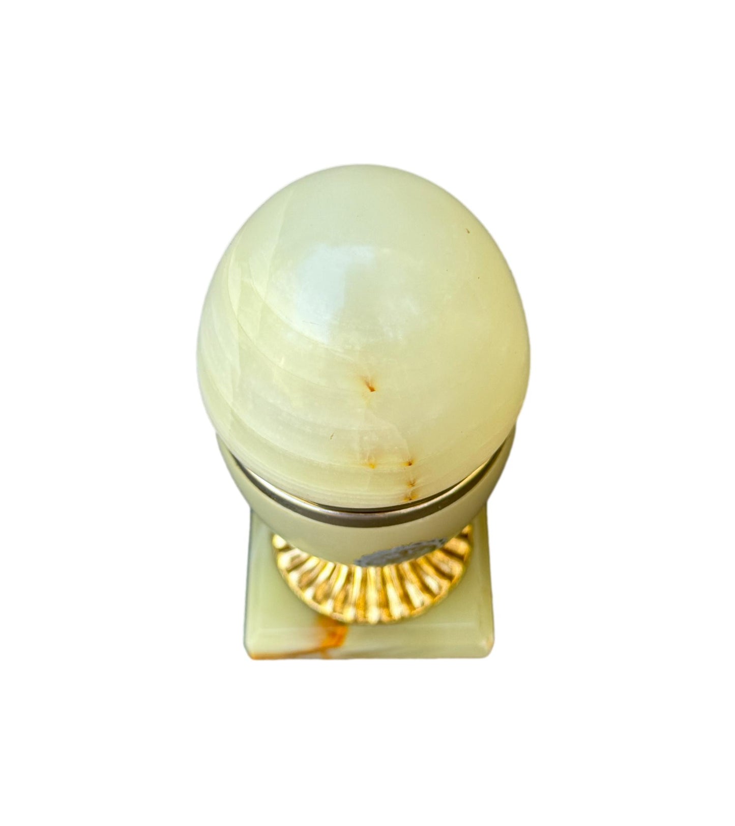 Vintage onyx egg-shaped jewelry box with gold-toned base and white-yellow stone, 1970s design